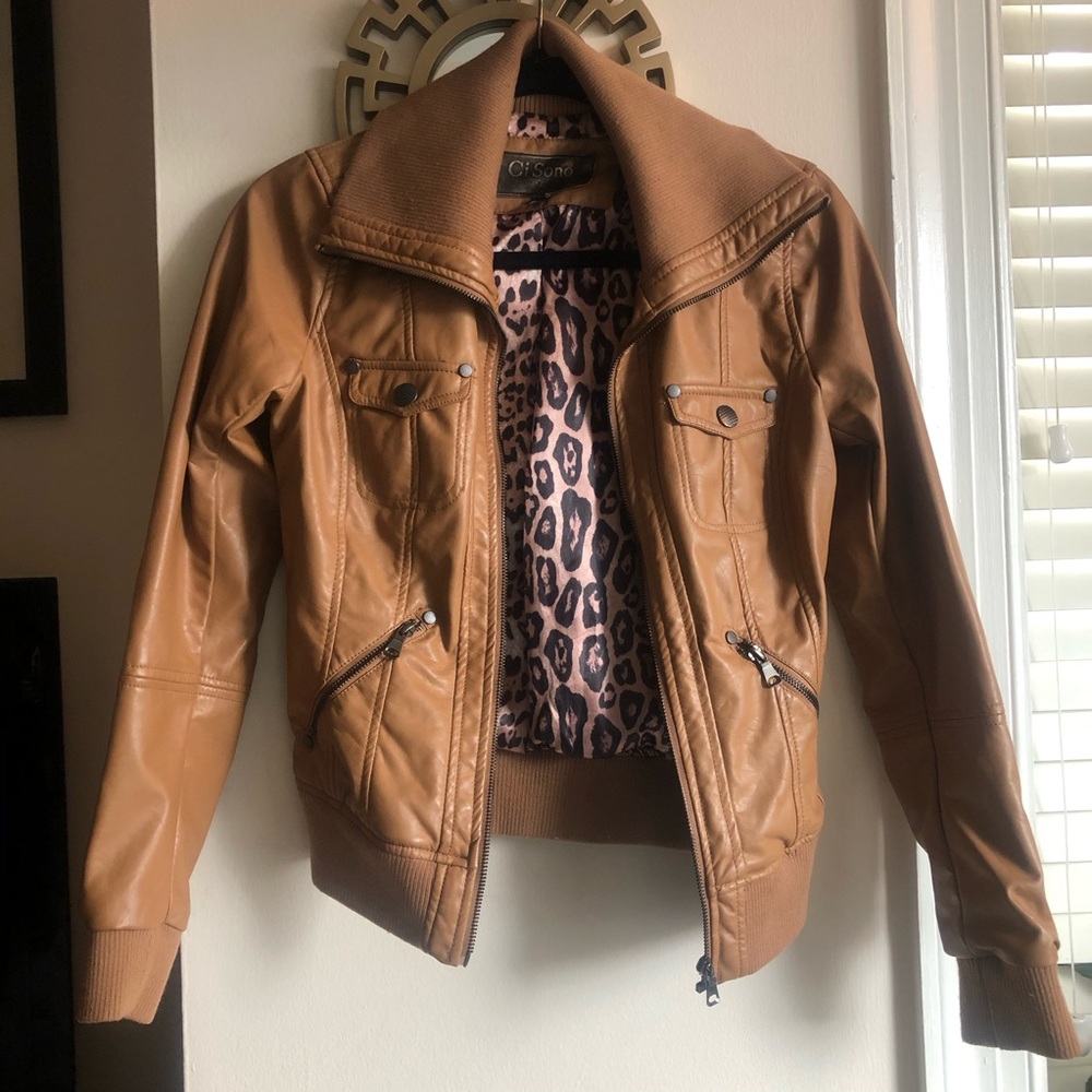 Brown Faux Leather Jacket w/ leopard print lining